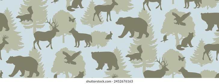 Forest animal vector seamless pattern. Animals and trees silhouette illustration background. Nature green and blue camouflage wallpaper design.