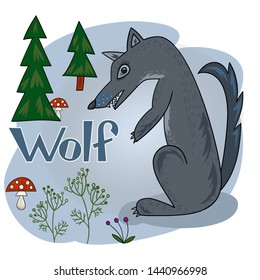 Forest animal, wolf on a background. Vector cartoon postcard with inscription.