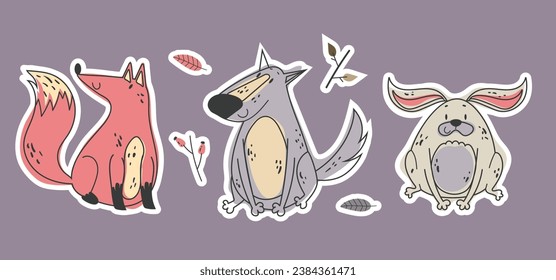 Forest animal woodland cute stickers wildlife collection concept. Vector flat graphic design illustration