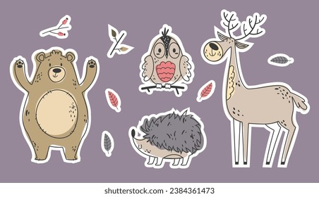 Forest animal woodland cute stickers wildlife collection concept. Vector flat graphic design illustration