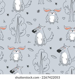 Forest animal woodland seamless cute pattern cover background line art concept. Vector graphic design element illustration