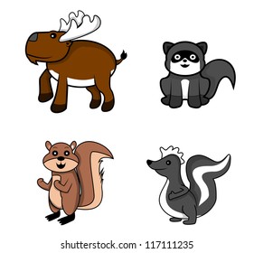 forest animal.moose.weasel.squirrel.skunk