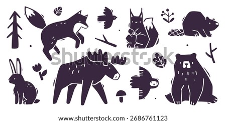 Forest animals abstract silhouette collection. Set of cutout wild animals. 