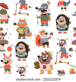 Forest animals activity vector cartoon seamless pattern background for wallpaper, wrapping, packing, and backdrop.