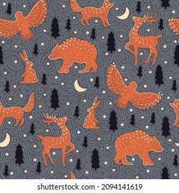 Forest animals adventure background, Christmas Night woodland seamless pattern