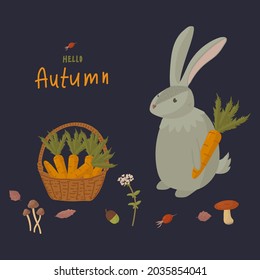 Forest animals with autumn elements. A hare in the forest among mushrooms and foliage with a wicker basket. Poster with Forest design illustration. Vector illustration