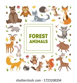 Forest Animals Banner Template with Cute Wild Animals of Square Shape, Greeting Card, Poster, Banner, Background Design Element Vector Illustration