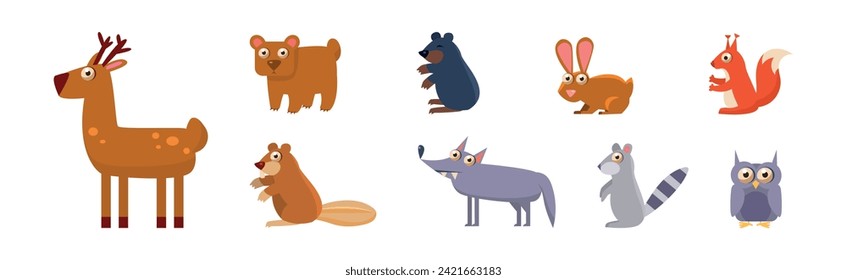 Forest Animals with Bear, Deer, Beaver, Bunny, Squirrel and Wolf Vector Set