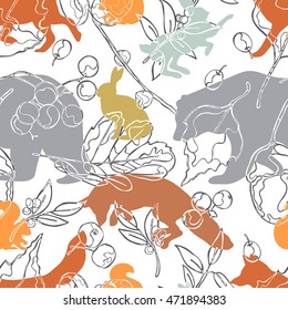 Forest animals: bear, fox, hare and squirrel. Leaves, acorns and berries. Seamless vector pattern (background).
