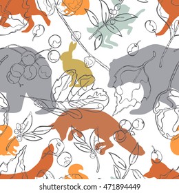 Forest animals: bear, fox, hare and squirrel. Leaves, acorns and berries. Seamless vector pattern (background).