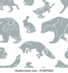 Forest animals: bear, fox, hare and squirrel. Leaves, acorns and berries. Seamless vector pattern (background).