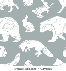 Forest animals: bear, fox, hare and squirrel. Leaves, acorns and berries. Seamless vector pattern (background).