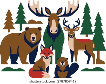 Forest animals with bear moose deer fox beaver trees forest ecosystem wildlife