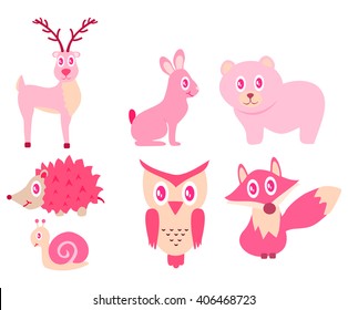 forest animals bear, owl, snail, rabbit, reindeer, urchin pink