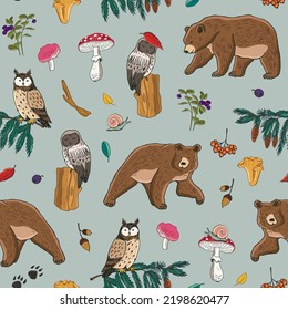 Forest animals: bear, owl vector seamless pattern.