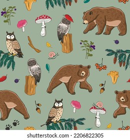 Forest animals: bear, owl vector seamless pattern.