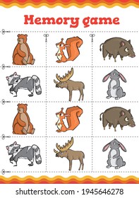 Waldtiere: Bär, Kragen, Huhn, Racon, Kaninchen Gedächtnisspiel. Erziehungsspiel für Kinder. Cartoon, Vektorgrafik.