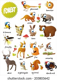 forest animals: bear, titmouse, fox, deer, firefly, doe, nightingale,  blackcock, pheasant, hamster, badger, squirrel, owl, hare, otter and waxwing