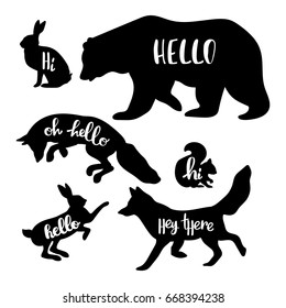 Forest animals: bear, wolf, fox, rabbit, squirrel. Hello. Isolated vector objects on white background.