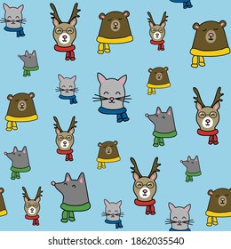 Animales forestales, osos, ciervos, zorros, ardillas, con bufandas, en un fondo azul claro. Impresión direccional para envoltura de regalo de vacaciones, reserva digital de recortes, papel, fondos, papel pintado y tela. 