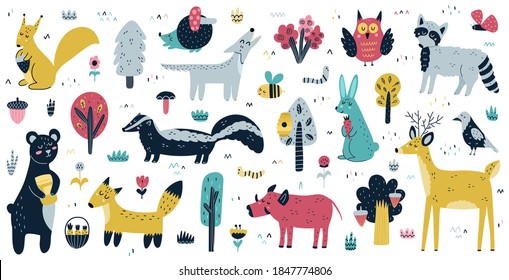 Forest animals big collection. Cute woodland characters and trees set. Nature clipart in cartoon style. Bear, raccoon, wolf, fox, rabbit and more. Vector illustration