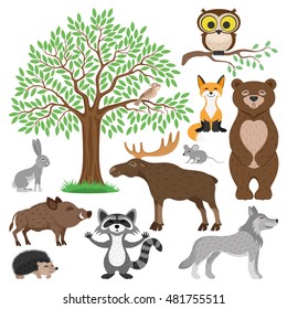 Forest animals. Bird, owl, fox, bear, rabbit, mouse, elk, pig, wolf, hedgehog, raccoon and tree.