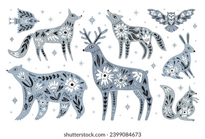 Forest animals and birds with floral patterns design set. Winter ornate bear, wolf, squirrel, deer, fox, hare and owl vector EPS 10 scandi style illustrations on the winter snowflake.