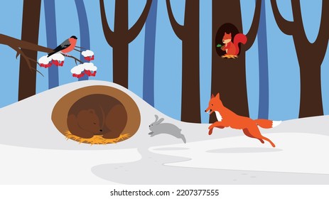forest animals and birds in the snowy forest