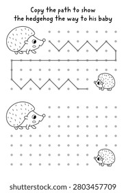 Forest animals black and white drawing, writing, tracing, space orientation activity for kids with hedgehog, baby. Draw lines with example. Woodland nature game, puzzle, coloring page