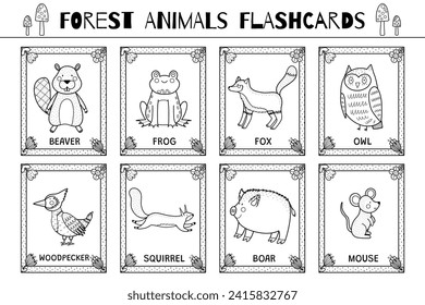 Forest animals black and white flashcards collection for kids. Flash cards set with cute woodland characters for coloring in outline. Beaver, fox, squirrel and more. Vector illustration