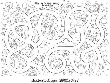 Forest animals black and white maze for children with nature scene, mother fox searching baby cub. Line labyrinth game. Woodland printable activity, coloring page, worksheet with deer, bear
