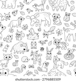 Forest animals black and white seamless pattern for kids. Vector woodland line repeat background with birds, insects, trees, plants. Cute bear, fox, deer, beaver, squirrel digital paper, coloring page

