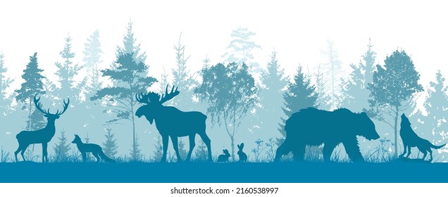 Forest with animals blue silhouette. Vector illustration