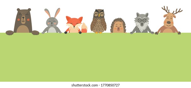 Forest animals border. Bear, hare, fox, owl, wolf, hedgehog and deer with and empty banner. Woodland. Children's vector wild animals illustration with place for your text