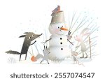 Forest animals building snowman in winter forest. Happy winter holidays card. Wolf rabbit squirrel mouse and snowman, children cartoon. Vector greeting card design illustration for kids.