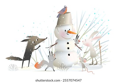 Forest animals building snowman in winter forest. Happy winter holidays card. Wolf rabbit squirrel mouse and snowman, children cartoon. Vector greeting card design illustration for kids.