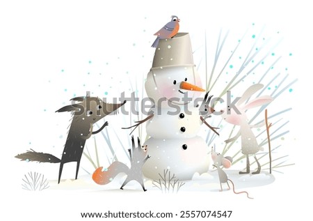Forest animals building snowman in winter forest. Happy winter holidays card. Wolf rabbit squirrel mouse and snowman, children cartoon. Vector greeting card design illustration for kids.