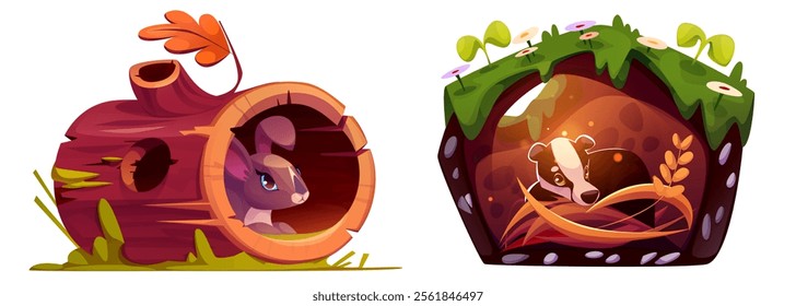 Forest animals burrow homes - bunny nesting in fallen log, badger resting in underground den with wheal straw. Cozy woodland shelters decorated with autumn leaves, grass patches, moss and flowers.