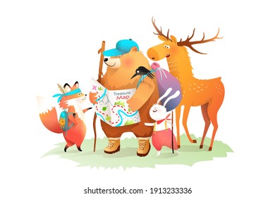 Forest animals camping, hiking with treasure map. Bear rabbit fox and moose travelling friends, children story illustration. Vector graphics for kids events, books or prints.