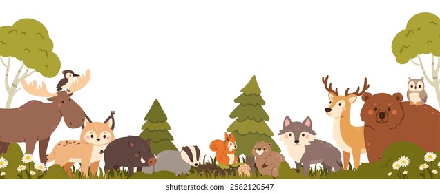 Forest animals. Cartoon background with woodland mammal. Wild animal banner with bear, cute deer, wolf, funny beaver, squirrel, wild boar, trees, bushes. Kids vector poster.