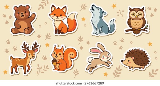Forest animals cartoon characters illustrations set. Kawaii wild animals vector clipart