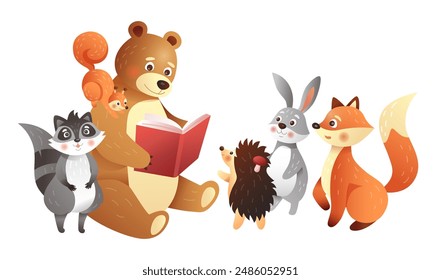 Forest animals. Cartoon characters read book. Cute bear teacher. Hare and raccoon. Wild hare. Clever hedgehog. Squirrel and fox. Wild mammals. Literature library. Friends group. Vector illustration