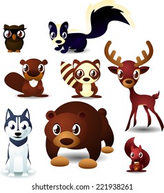 Forest animals cartoon set. Eight different forest animals like: owl, squirrel, beaver, reindeer, caribou, skunk, bear, deer, Siberian husky vector illustration. 