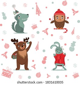 Forest animals in cartoon style for Christmas and New Year's theme