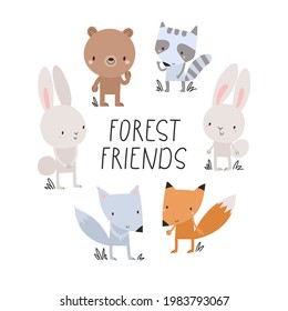 Forest animals in cartoon style. There's a fox, a wolf, two rabbits, a bear and a raccoon. Flat illustration for kids things like clothes prints, fabric or wallpaper patterns, cards, children's books.