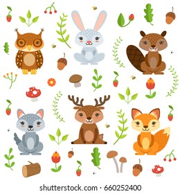 Forest animals in cartoon style. Vector characters set isolate on white