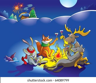 Forest animals celebrate Christmas near people's house, vector illustration