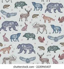 Forest animals christmas winter vector seamless pattern.