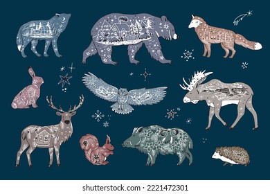 Forest animals Christmas winter vector illustrations set.