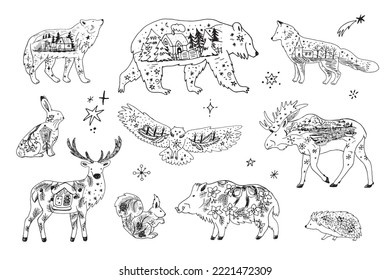 Forest animals christmas winter vector illustrations set.
